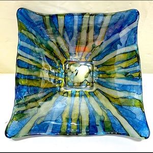 IL Quadrifoglio Italian Art Glass Square Bowl Glitter Bottom Gold Blue, Green